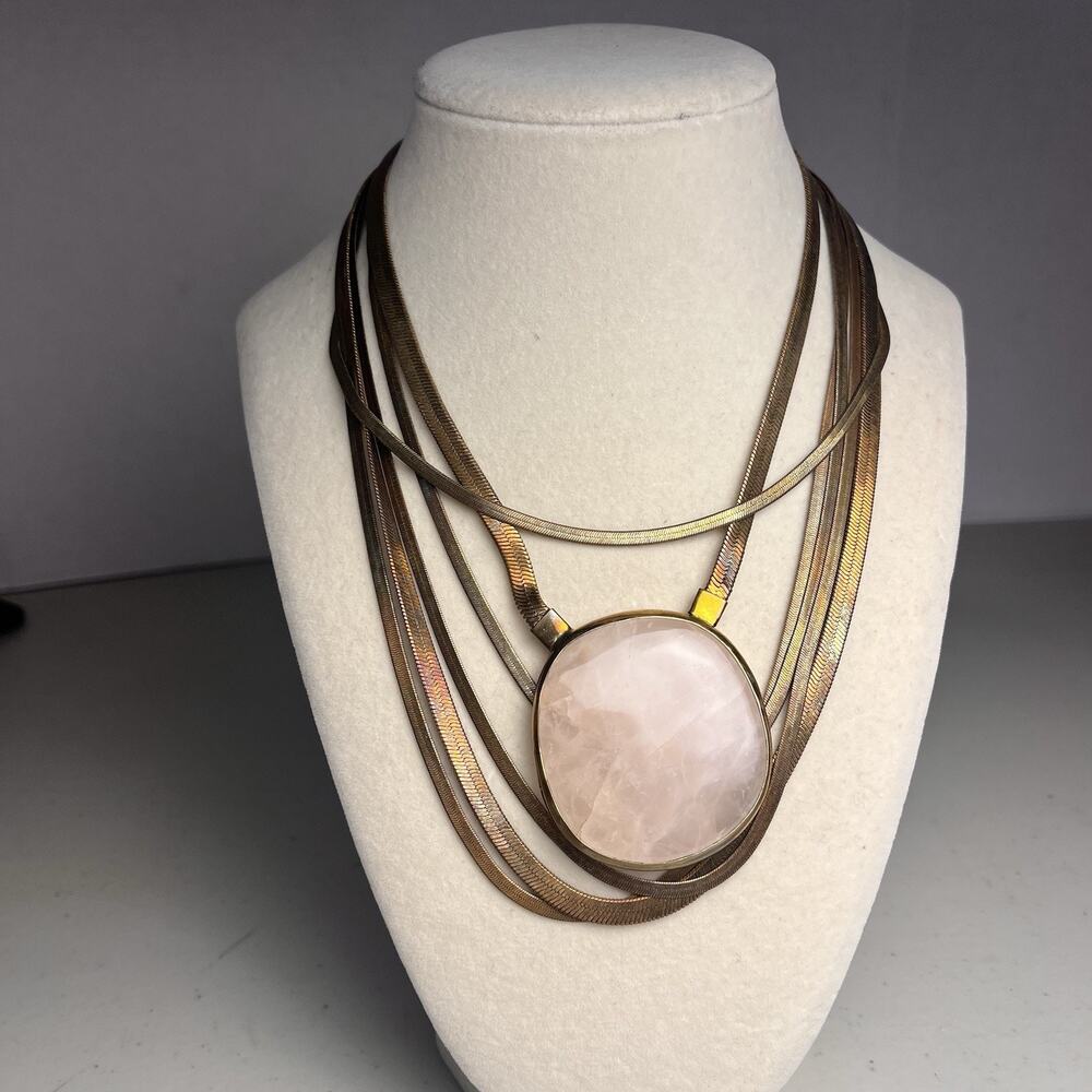 Lena Bernard Multi Strand Herringbone Necklace Rose Quartz Pendant Gold Tone VTG - Picture 10 of 12